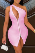 Pink Fashion Sexy Solid Hollowed Out Zipper One Shoulder Sleeveless Dress