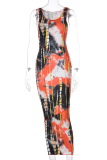 Red Sexy Print Patchwork O Neck Pencil Skirt Dresses