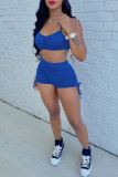 Blue Casual Solid Draw String Fold Spaghetti Strap Two Pieces