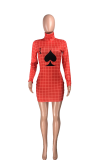 Red Sexy Print Patchwork Half A Turtleneck Pencil Skirt Dresses