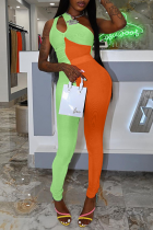 Green Sexy Solid Split Joint One Shoulder Skinny Jumpsuits