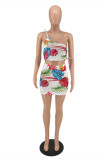 White Fashion Sexy Print Backless One Shoulder Sleeveless Two Pieces