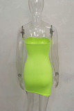Fluorescent Green Sexy Solid Split Joint Strapless Pencil Skirt Dresses