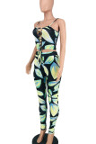 Green Sexy Print Hollowed Out Patchwork Frenulum Spaghetti Strap Sleeveless Two Pieces