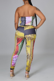 Yellow Sexy Print Strapless Skinny Jumpsuits