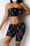 Black Fashion Sexy Print Backless Strapless Sleeveless Two Pieces
