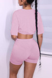 Pink Casual Solid Patchwork Draw String O Neck Half Sleeve Two Pieces