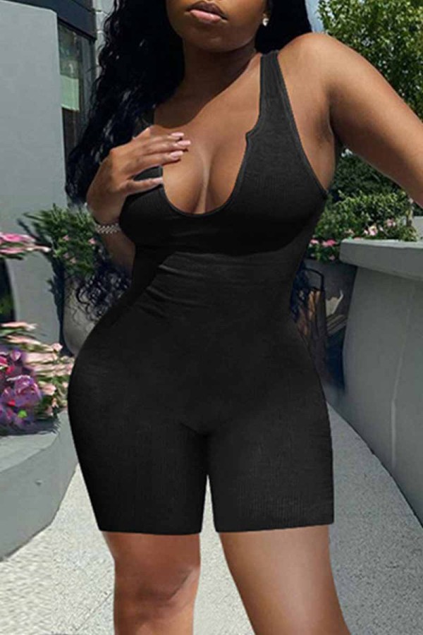 Black Sexy Casual Solid Basic U Neck Sleeveless Skinny Romper