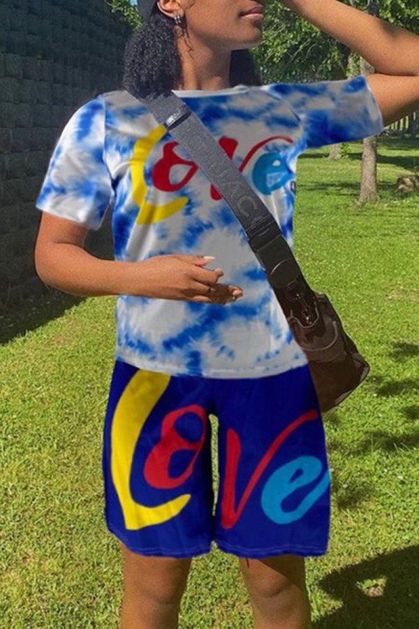Blue Fashion Casual Print Basic O Neck Short Sleeve Two Pieces