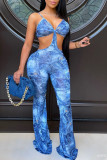 Blue Sexy Print Hollowed Out Patchwork Spaghetti Strap Boot Cut Jumpsuits
