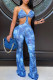 Blue Sexy Print Hollowed Out Patchwork Spaghetti Strap Boot Cut Jumpsuits