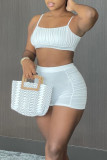 Rose Red Sexy Solid Patchwork Fold Spaghetti Strap Sleeveless Two Pieces
