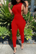 Red Sexy Casual Solid Hollowed Out Turndown Collar Skinny Jumpsuits