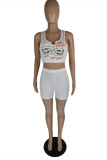 White Fashion Casual Print Vests U Neck Sleeveless Two Pieces