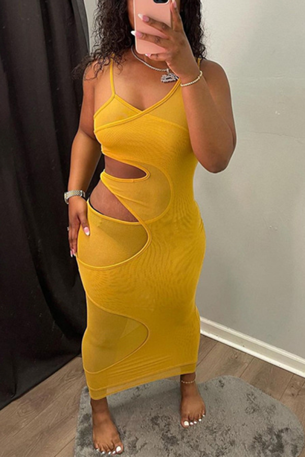 Yellow Sexy Solid Mesh Spaghetti Strap Pencil Skirt Dresses