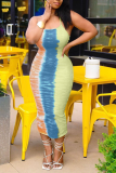 Yellow And Blue Sexy Print Patchwork Spaghetti Strap Pencil Skirt Dresses