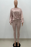 Khaki Casual Patchwork Tie-dye O Neck Long Sleeve Two Pieces