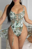Green Sexy Print Hollowed Out Patchwork Swimwears