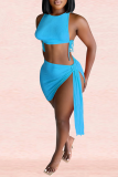 Blue Sexy Solid Split Joint O Neck Sleeveless Two Pieces
