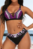 Blue Sexy Print Hollowed Out Split Joint Swimwears