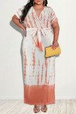 Orange Fashion Casual Print Slit V Neck Short Sleeve Dress Plus Size Dresses