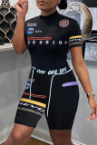 Black Casual Sportswear Print Basic O Neck Short Sleeve Two Pieces