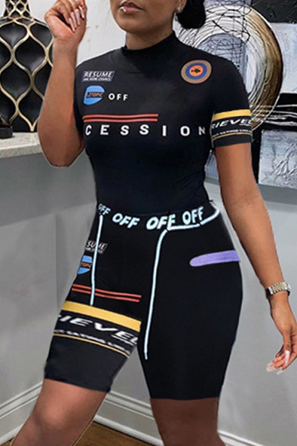 Black Casual Sportswear Print Basic O Neck Short Sleeve Two Pieces