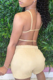 Light Yellow Sexy Casual Solid Backless Spaghetti Strap Sleeveless Two Pieces
