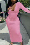 Pink Casual Solid Split Joint Asymmetrical Collar Straight Dresses