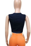 Deep Blue Sexy Solid Buckle Square Collar Tops