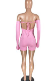 Pink Street Solid Patchwork Frenulum Backless Strapless Skinny Rompers