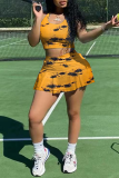 Yellow Sexy Print Patchwork Square Collar Sleeveless Two Pieces