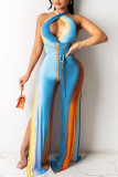Red Sexy Print Hollowed Out Patchwork Frenulum Cardigan Halter Straight Jumpsuits