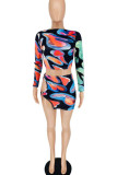 Multicolor Sexy Print Hollowed Out Patchwork O Neck Long Sleeve Two Pieces
