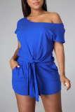 Blue Casual Solid Bandage Patchwork O Neck Short Sleeve Two Pieces