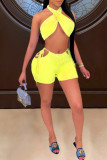Yellow Fashion Sexy Solid Backless Strap Design Halter Sleeveless Two Pieces