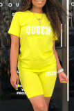 Yellow Casual Letter Split Joint O Neck Short Sleeve Two Pieces