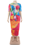 Red Sexy Patchwork Hollowed Out Tie-dye O Neck Pencil Skirt Plus Size Dresses