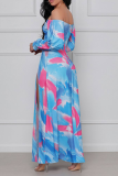 Light Blue Sexy Print Split Joint Off the Shoulder Straight Dresses
