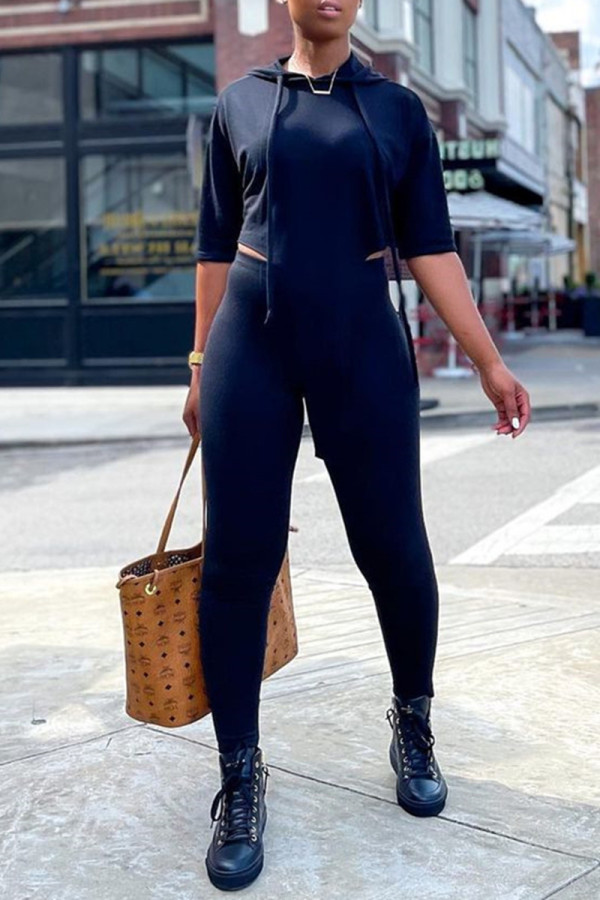 Black Fashion Casual Solid Asymmetrical Hooded Collar Half Sleeve Two Pieces