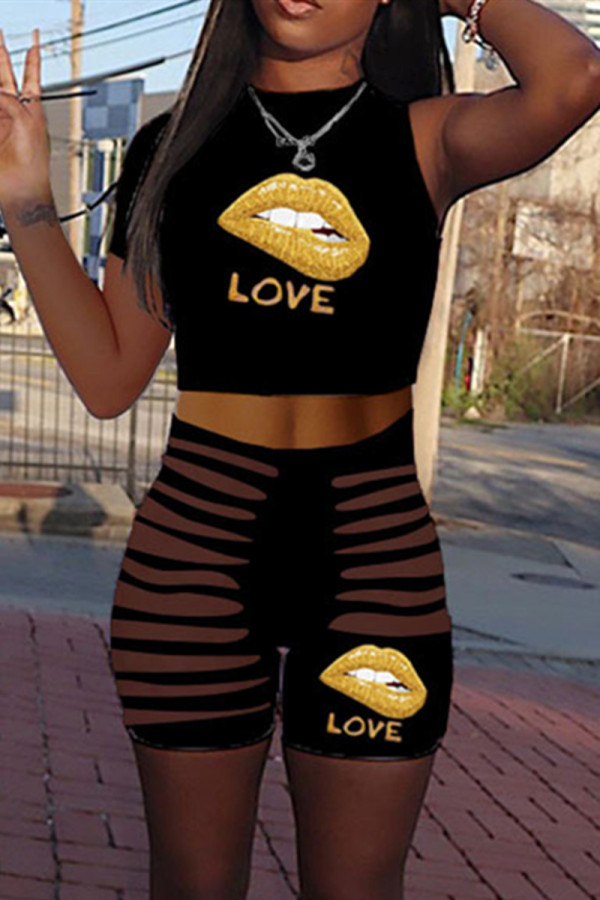 Black Fashion Casual Lips Printed Ripped O Neck Sleeveless Two Pieces