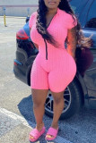 Pink Fashion Casual Solid Basic Zipper Collar Regular Romper