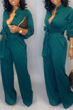 Blue Casual Solid Bandage Split Joint Buttons Turndown Collar Straight Jumpsuits