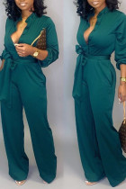 Ink Green Casual Solid Bandage Split Joint Buttons Turndown Collar Straight Jumpsuits