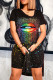 Black Fashion Casual Lips Printed Slit Short Sleeve Two Pieces
