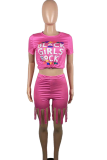 Rose Red Sexy Print Tassel O Neck Half Sleeve Two Pieces