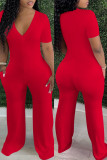 Red Fashion Casual Solid Basic V Neck Regular Jumpsuits