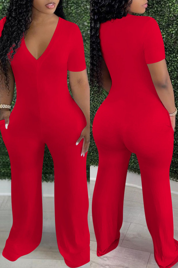 Red Fashion Casual Solid Basic V Neck Regular Jumpsuits