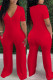 Red Fashion Casual Solid Basic V Neck Regular Jumpsuits