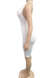 Blue Sexy Solid Patchwork Backless Cross Straps U Neck Skinny Rompers